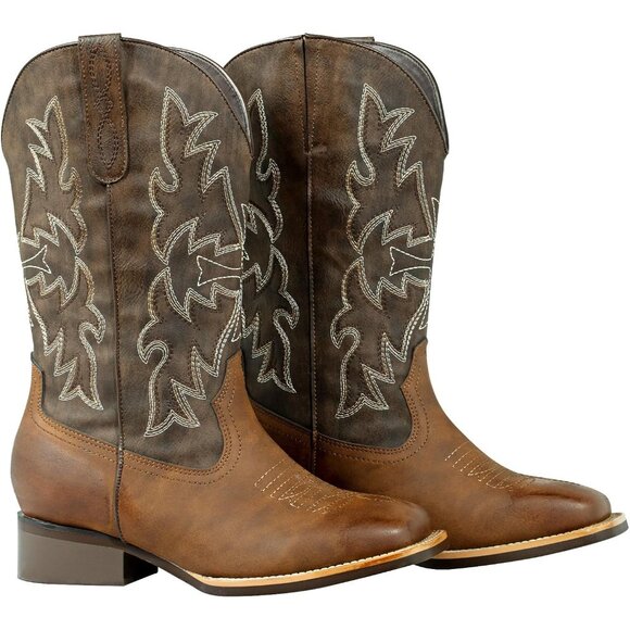 ⚡Women's Brown Extra Wide Calf Cowboy Boots Square Toe & Classic Stitching - Picture 5 of 7